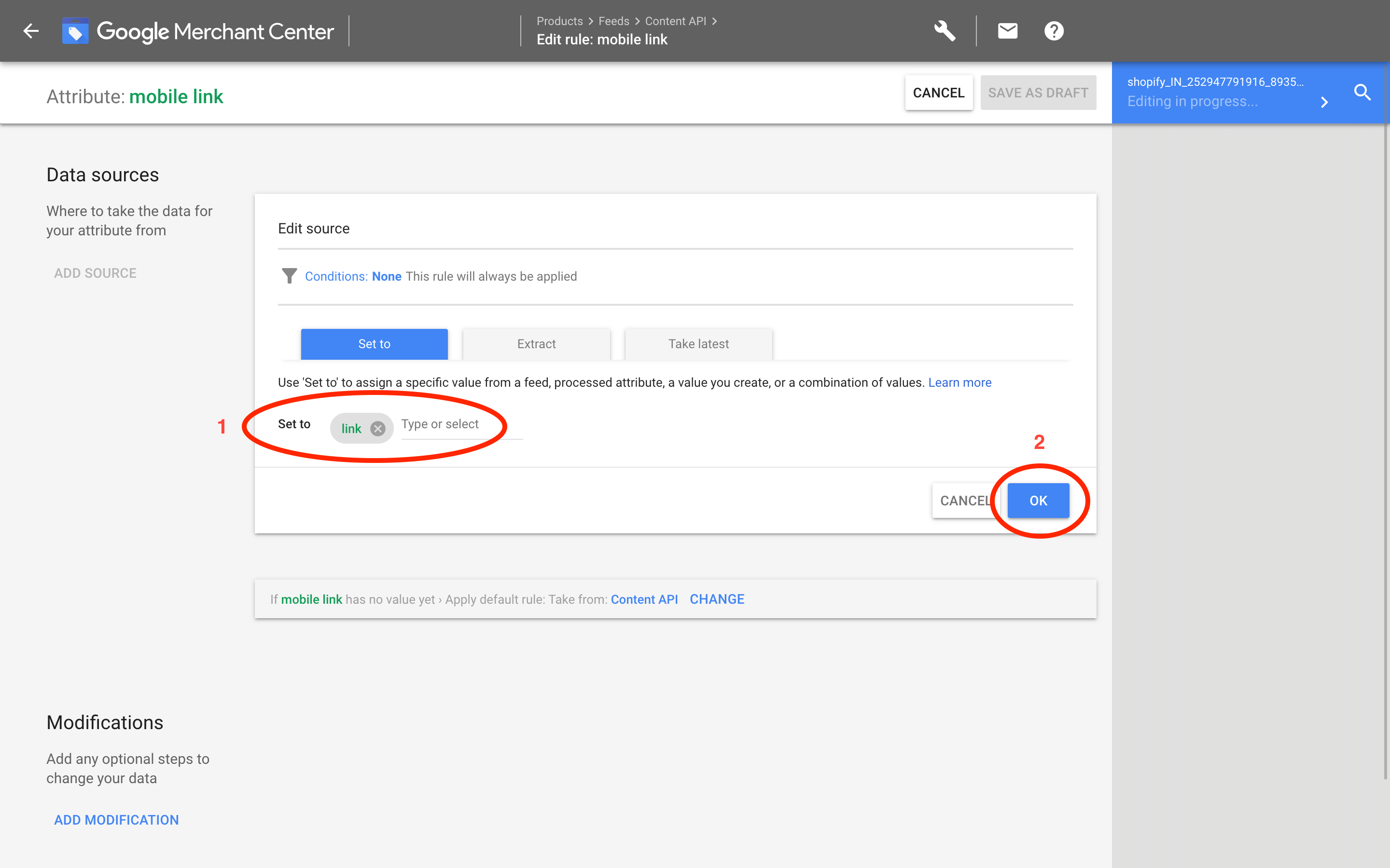 Google Merchants: Set source link